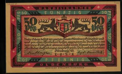 Notgeld Oldenburg 1921, 50 Pfennig, Hünengrab, Wappen