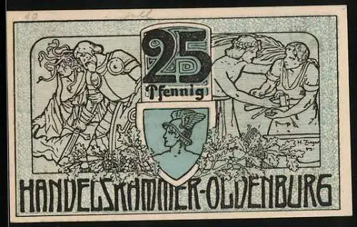 Notgeld Oldenburg 1918, 25 Pfennig, Krieger mit Frau, Hermes