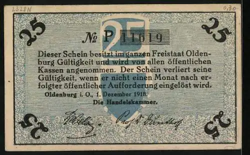 Notgeld Oldenburg 1918, 25 Pfennig, Krieger mit Frau, Hermes