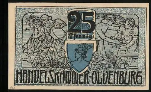 Notgeld Oldenburg 1918, 25 Pfennig, Krieger mit Frau, Hermes