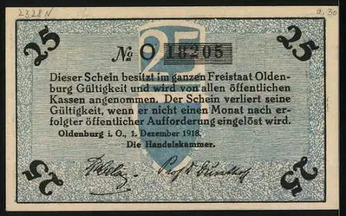 Notgeld Oldenburg 1918, 25 Pfennig, Krieger mit Frau, Hermes