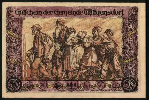 Notgeld Wittgensdorf 1921, 50 Pfennig, Ein Narr auf einem Notgeldscheine ausscheidenden Esel, Arbeiterfamilie