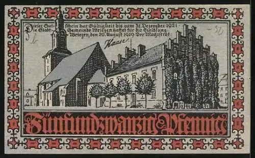 Notgeld Wriezen 1919, 25 Pfennig, Blick auf die Kirche