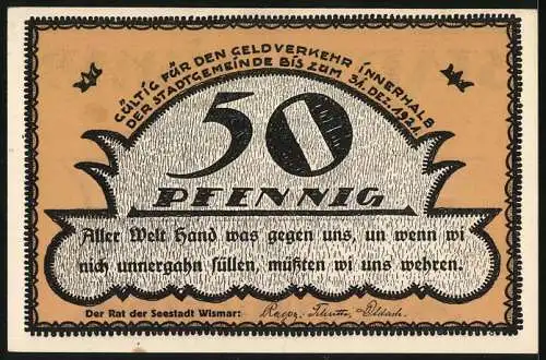 Notgeld Wismar, 50 Pfennig, Ortsansicht am Hafen