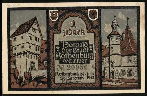 Notgeld Rothenburg o. Tauber 1921, 1 Mark, Das Rathaus und der Brückenturm