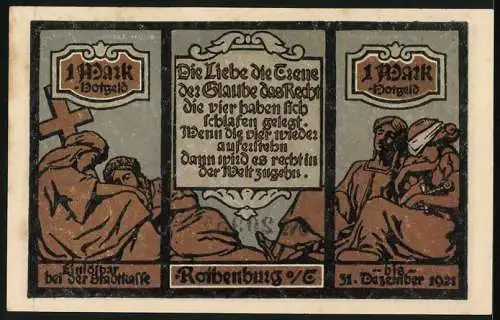 Notgeld Rothenburg o. Tauber 1921, 1 Mark, Das Rathaus und der Brückenturm