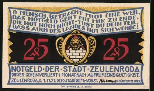 Notgeld Zeulenroda 1921, 25 Pfennig, Silhouette der Stadt