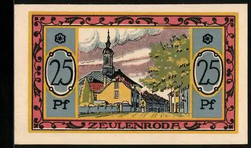 Notgeld Zeulenroda 1921, 25 Pfennig, Ortspartie mit dem Rathaus