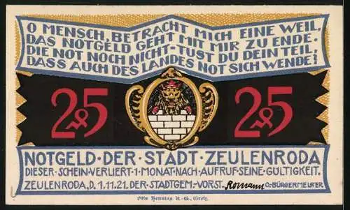 Notgeld Zeulenroda 1921, 25 Pfennig, Ortspartie mit dem Rathaus