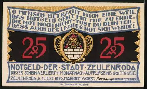 Notgeld Zeulenroda 1921, 25 Pfennig, Ortspartie im Winter