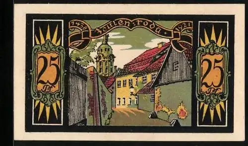 Notgeld Zeulenroda 1921, 25 Pfennig, Ortspartie im Sonnenuntergang