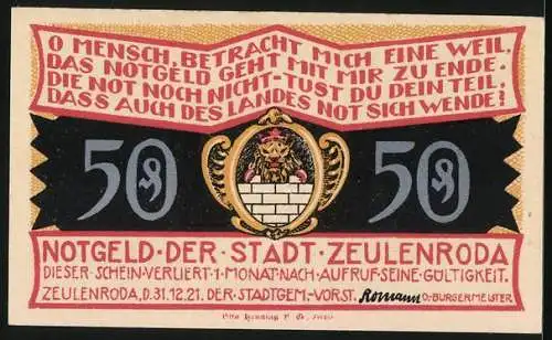 Notgeld Zeulenroda 1921, 50 Pfennig, Herrschaftliches Haus am Wasser