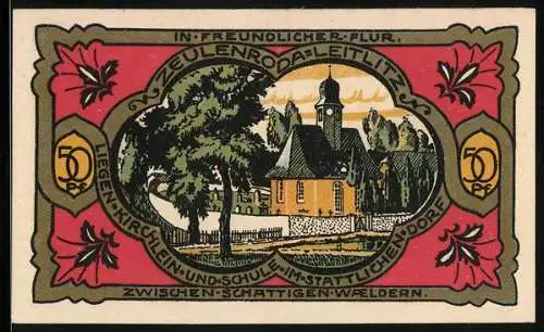 Notgeld Zeulenroda 1921, 50 Pfennig, Blick zur Kirche in Leitlitz