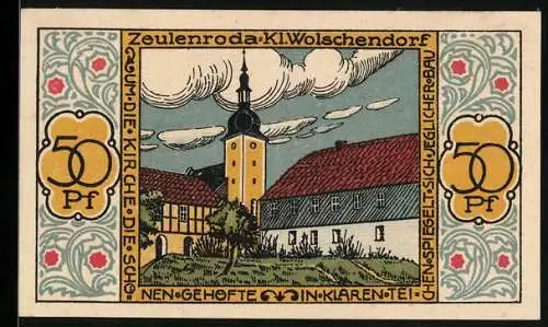 Notgeld Zeulenroda 1921, 50 Pfennig, Gehöfte und Kirche in Kl. Wolschendorf