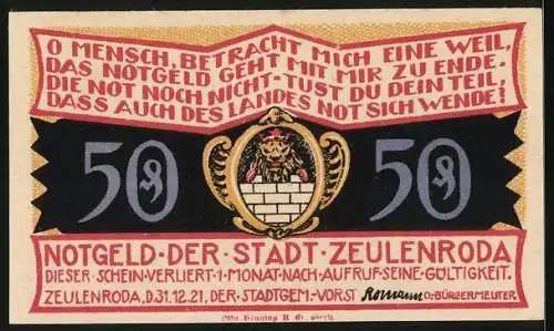 Notgeld Zeulenroda 1921, 50 Pfennig, Gehöfte und Kirche in Kl. Wolschendorf