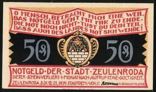 Notgeld Zeulenroda 1921, 50 Pfennig, Altes Fachwerkhaus in Weckersdorf