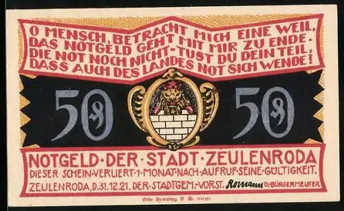 Notgeld Zeulenroda 1921, 50 Pfennig, Alte Linde in Wolschendorf
