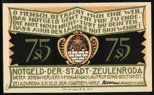 Notgeld Zeulenroda 1921, 75 Pfennig, Die Stadt als Mitgift an das Haus Greiz