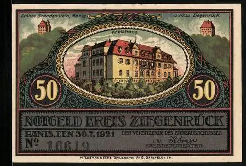 Notgeld Ranis 1921, 50 Pfennig, Kreishaus, Burg Ranis