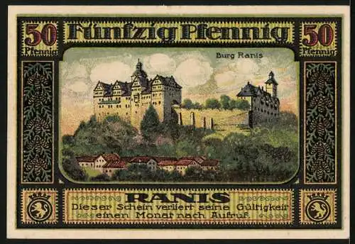 Notgeld Ranis 1921, 50 Pfennig, Kreishaus, Burg Ranis