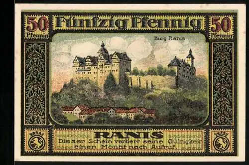 Notgeld Ranis 1921, 50 Pfennig, Burg Ranis, Kreishaus