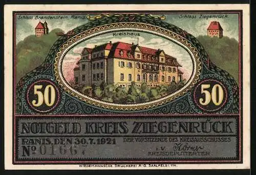 Notgeld Ranis 1921, 50 Pfennig, Burg Ranis, Kreishaus