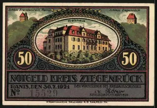 Notgeld Ranis 1921, 50 Pfennig, Das Bergamt Grosskamsdorf