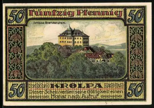 Notgeld Ranis 1921, 50 Pfennig, Schloss Brandenstein in Krölpa