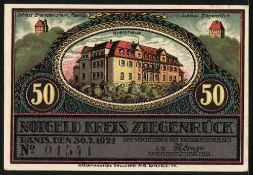 Notgeld Ranis 1921, 50 Pfennig, Schloss Brandenstein in Krölpa