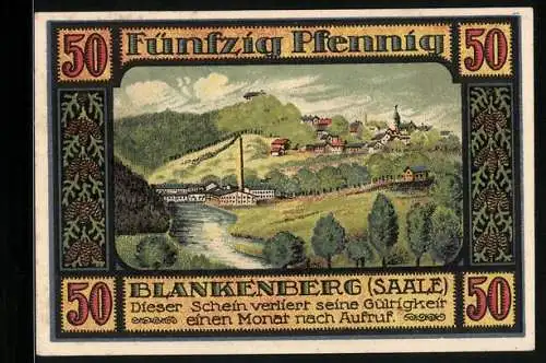 Notgeld Ranis 1921, 50 Pfennig, Gesamtansicht von Blankenberg an der Saale