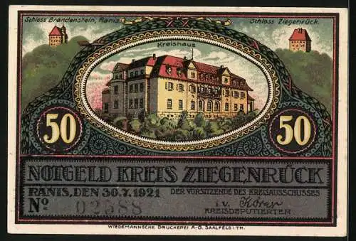 Notgeld Ranis 1921, 50 Pfennig, Gesamtansicht von Blankenberg an der Saale