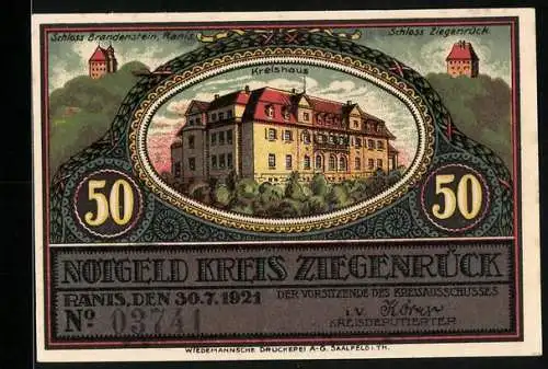 Notgeld Ranis 1921, 50 Pfennig, Das Rathaus in Gefell i. V.