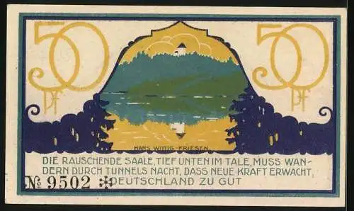 Notgeld Ziegenrück 1921, 50 Pfennig, Burg spiegelt sich im Wasser