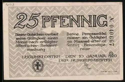 Notgeld Lügumkloster 1920, 25 Pfennig, Bischofskonterfei