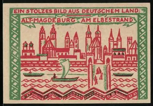 Notgeld Magdeburg 1921, 50 Pfennig, Ortsansicht am Elbestrand