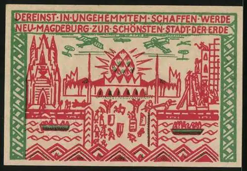 Notgeld Magdeburg 1921, 50 Pfennig, Panorama der Stadt