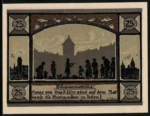 Notgeld Mainbernheim 1920, 25 Pfennig, Menschen holen sich die Brotmarken