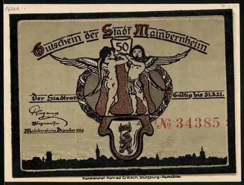 Notgeld Mainbernheim 1920, 50 Pfennig, Ortspartie bei starkem Wind