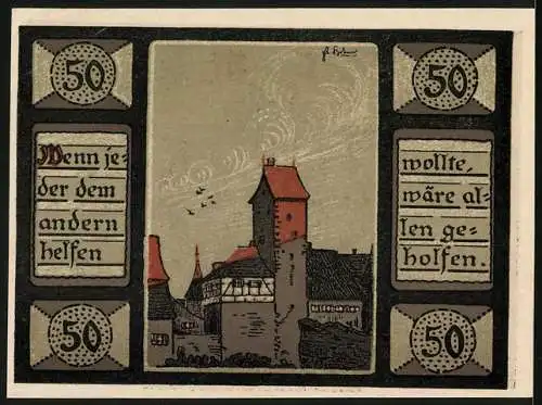 Notgeld Mainbernheim 1920, 50 Pfennig, Ortspartie bei starkem Wind