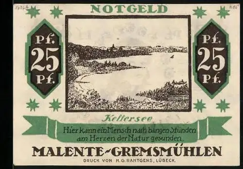 Notgeld Malente-Gremsmühlen 1920, 25 Pfennig, Blick über den Kellersee