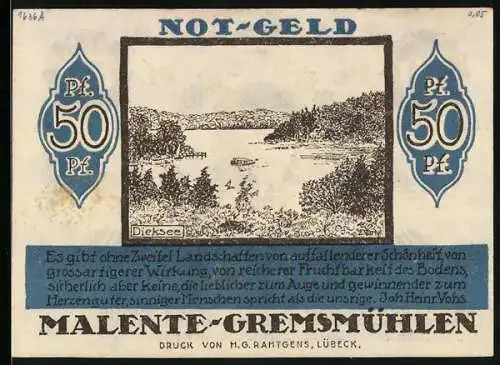 Notgeld Malente-Gremsmühlen 1920, 50 Pfennig, Blick über den Dieksee