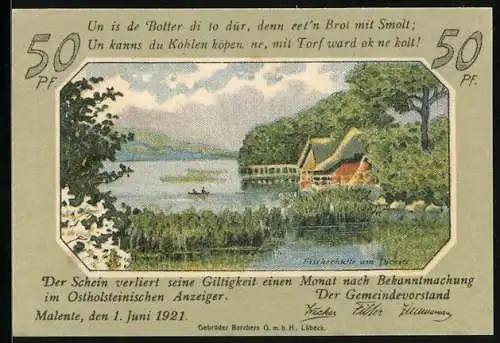 Notgeld Malente-Gremsmühlen 1921, 50 Pfennig, Fischerhütte am Dieksee