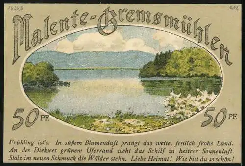 Notgeld Malente-Gremsmühlen 1921, 50 Pfennig, Fischerhütte am Dieksee