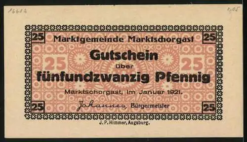 Notgeld Marktschorgast 1921, 25 Pfennig, Wappen und Text