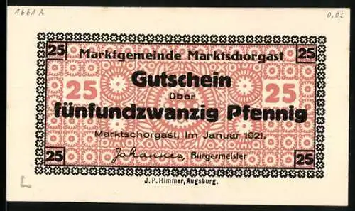 Notgeld Marktschorgast 1921, 25 Pfennig, Text und Wappen