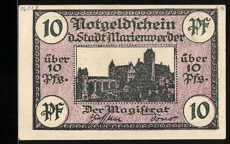 Notgeld Marienwerder, 10 Pfennig, Ortsansicht mit Kirche