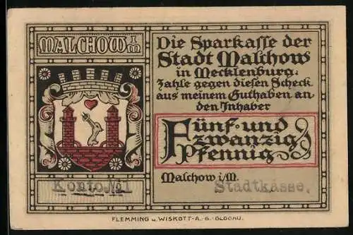 Notgeld Malchow i. M., 25 Pfennig, Stadt und Kloster vom Wasser aus