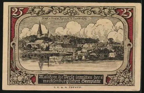 Notgeld Malchow i. M., 25 Pfennig, Stadt und Kloster vom Wasser aus