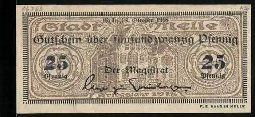 Notgeld Melle 1918, 25 Pfennig, Rathaus im Hintergrund