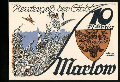 Notgeld Marlow, 10 Pfennig, Drei Männer planen, einen Bären zu fangen